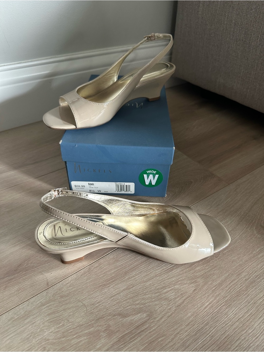 Nickels Women's Nude Patent Slingback Peep-Toe Wedge Sandals